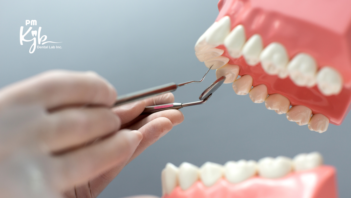 Dental technician working on a PFM crown tooth model at PM KJB Dental Lab using dental tools