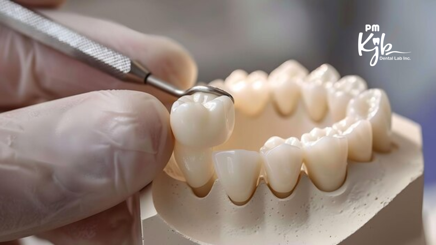 Close-up of a dental technician working on a PFM dental bridge model with dental tools.