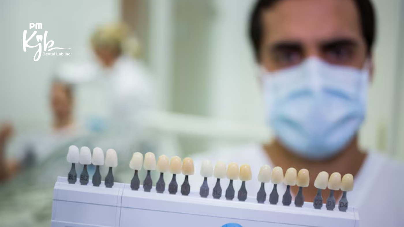 Dentist holding a shade guide for zirconia crowns and bridges to match tooth color.