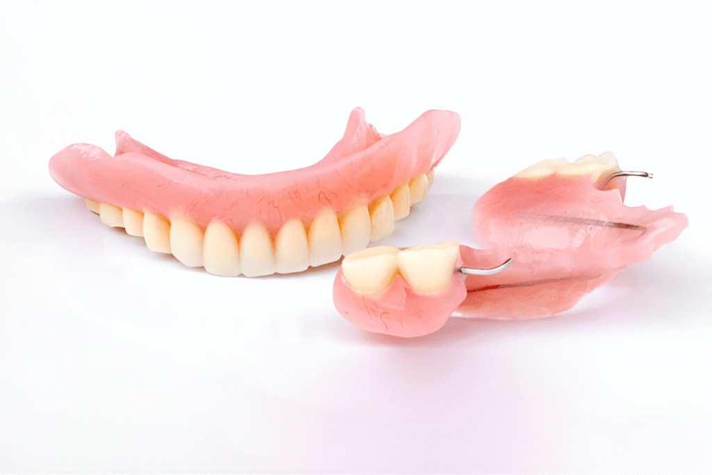 Partial and full dentures on a white background
