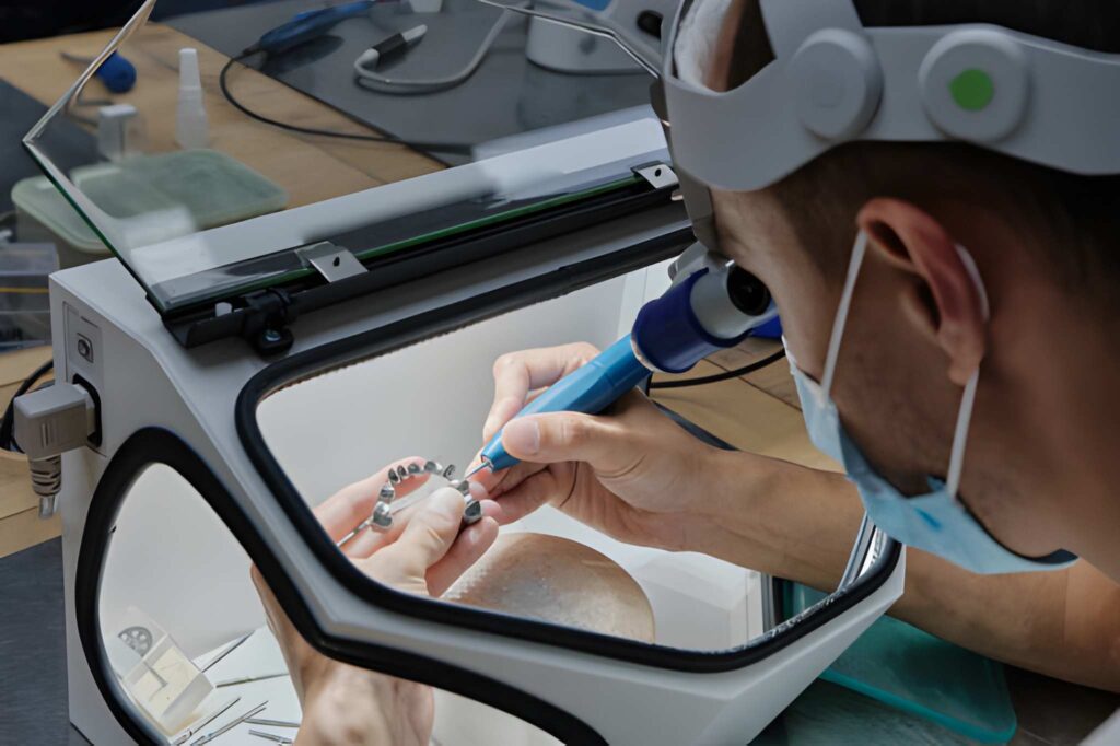 Dental technician with magnifying headset crafting dental prosthetics using precision tools